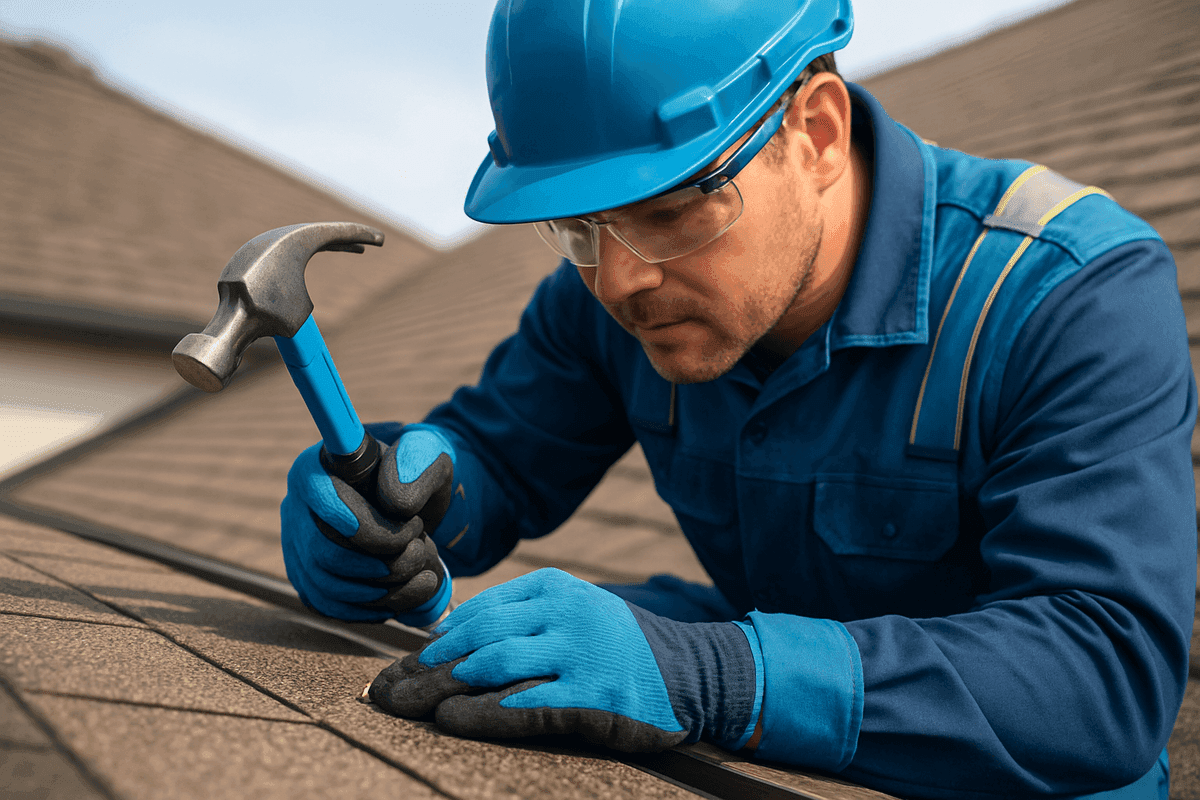Close-up of roofer’s gloved hands securing a shingle on a residential roof
